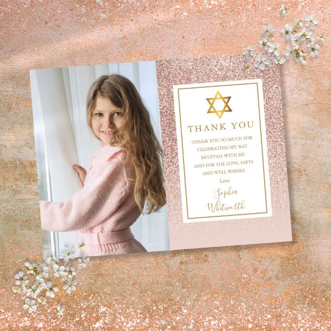 Bat Mitzvah Rose Gold Glitter Photo Thank You Postcard (Bat Mitzvah Rose Gold Glitter Photo Thank You Postcard)