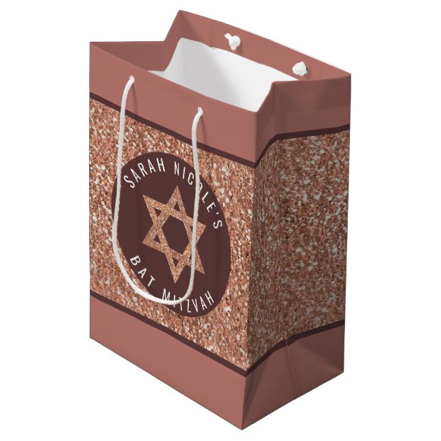 Bat Mitzvah Rose Gold Magen David Personalised Medium Gift Bag (Front Angled)