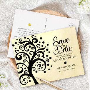 Bat Mitzvah Save Date Black Tree of Life Gold  Foil Invitation Postcard
