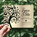 Bat Mitzvah Save Date Black Tree of Life Gold Foil Invitation Postcard<br><div class="desc">Make sure all your friends and relatives will be able to celebrate your daughter’s milestone Bat Mitzvah! Send out this stunning, sophisticated, personalised “Save the Date” announcement postcard. A graphic black tree with Star of David and dot “leaves” and black calligraphy script, overlay a sophisticated, faux gold glitter dots and...</div>