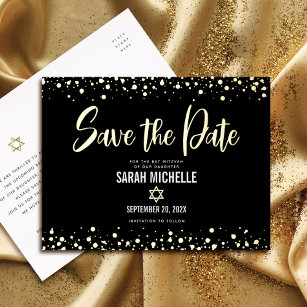 Bat Mitzvah Save Date Bold Script Black Real Gold Foil Invitation Postcard