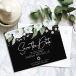 Bat Mitzvah Save Date Floral Black Silver Script Invitation Postcard<br><div class="desc">Make sure all your friends and relatives will be able to celebrate your daughter’s milestone Bat Mitzvah! Send out this chic, personalised “Save the Date” announcement postcard. A chic, stunning, white and faux silver glitter floral watercolor, faux silver foil calligraphy script typography and white sans serif type overlay a dramatic...</div>