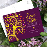 Bat Mitzvah Save Date, Gold Tree of Life, Burgundy Invitation Postcard<br><div class="desc">Make sure all your friends and relatives will be able to celebrate your daughter’s milestone Bat Mitzvah! Send out this stunning, graphic faux gold foil tree with sparkly pink, orange, and red Star of David and dot “leaves” on a rich purple burgundy background, personalised “Save the Date” announcement postcard. Personalise...</div>