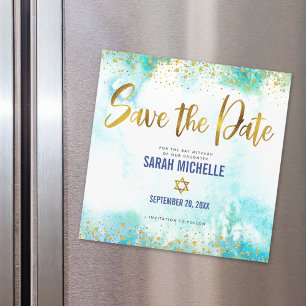Bat Mitzvah Save Date Gold Turquoise Watercolor Magnetic Invitation