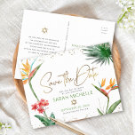 Bat Mitzvah Save Date Tropical Floral Gold Script<br><div class="desc">Make sure all your friends and relatives will be able to celebrate your daughter’s milestone Bat Mitzvah! Send out this chic, personalised “Save the Date” announcement postcard. Stylish, stunning, colourful, tropical watercolor birds of paradise flowers, faux gold handwritten script, Star of David and glitter dots, along with green and grey...</div>