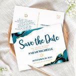 Bat Mitzvah Save Date Turquoise Agate Real Gold Foil Invitation Postcard<br><div class="desc">Make sure all your friends and relatives will be able to celebrate your daughter’s milestone Bat Mitzvah! Send out this cool, unique, modern, personalised “Save the Date” real gold foil announcement postcard. Dark teal blue script typography, real gold foil sans serif typography and a real gold foil Star of David...</div>