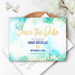 Bat Mitzvah Save Date Turquoise Watercolor Gold Foil Invitation Postcard<br><div class="desc">Make sure all your friends and relatives will be able to celebrate your daughter’s milestone Bat Mitzvah! Send out this stunning, modern, sparkly real gold foil, glitter dots and handwritten script against a turquoise blue watercolor background, personalised “Save the Date” announcement postcard. Personalise the custom text with your Bat Mitzvah’s...</div>