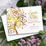 Bat Mitzvah Save the Date Gold & Pink Tree of Life<br><div class="desc">Make sure all your friends and relatives will be able to celebrate your daughter’s milestone Bat Mitzvah! Send out this stunning, graphic faux gold foil tree with sparkly pink, orange, and red Star of David and dot “leaves” on a white background, personalized “Save the Date” announcement postcard. Personalize the custom...</div>
