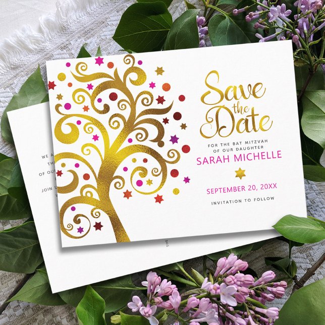 Bat Mitzvah Save the Date Gold & Pink Tree of Life Invitation Postcard (Creator Uploaded)