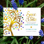 Bat Mitzvah Save the Date Gold & Teal Tree of Life Invitation Postcard<br><div class="desc">Make sure all your friends and relatives will be able to celebrate your daughter’s milestone Bat Mitzvah! Send out this stunning, graphic faux gold foil tree with sparkly turquoise, teal, purple and blue Star of David and dot “leaves” on a white background, personalised “Save the Date” announcement postcard. Personalise the...</div>