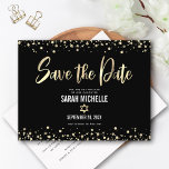 Bat Mitzvah Save the Date Modern Black Gold Script Invitation Postcard<br><div class="desc">Make sure all your friends and relatives will be able to celebrate your daughter’s milestone Bat Mitzvah! Send out this stunning, modern, “Save the Date” announcement postcard. Graphic faux gold foil calligraphy script, Star of David, and confetti, overlay a rich, dramatic, black background. Personalise the custom text with your Bat...</div>