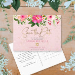 Bat Mitzvah Save the Date Pink Floral Watercolor<br><div class="desc">Make sure all your friends and relatives will be able to celebrate your daughter’s milestone Bat Mitzvah! Send out this chic, personalized “Save the Date” announcement postcard. A stunning, pink and peach floral watercolor with faux gold foil script typography and modern dusty rose and gray sans serif type overlay a...</div>
