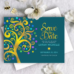 Bat Mitzvah Save the Date Teal Gold Tree of Life Invitation Postcard<br><div class="desc">Make sure all your friends and relatives will be able to celebrate your daughter’s milestone Bat Mitzvah! Send out this stunning, graphic faux gold foil tree with sparkly turquoise, teal, purple and blue Star of David and dot “leaves” on a rich dark teal blue background, personalised “Save the Date” announcement...</div>