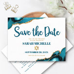 Bat Mitzvah Save the Date Turquoise Agate Script Invitation Postcard<br><div class="desc">Make sure all your friends and relatives will be able to celebrate your daughter’s milestone Bat Mitzvah! Send out this cool, unique, modern, personalised “Save the Date” announcement postcard. Dark teal blue script typography and faux gold Star of David overlay a simple, clean white background with turquoise blue agate rocks...</div>