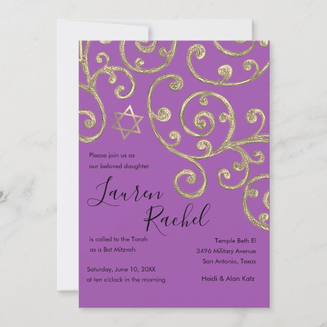 Bat Mitzvah Scroll Pattern Gold Invitation (Front)