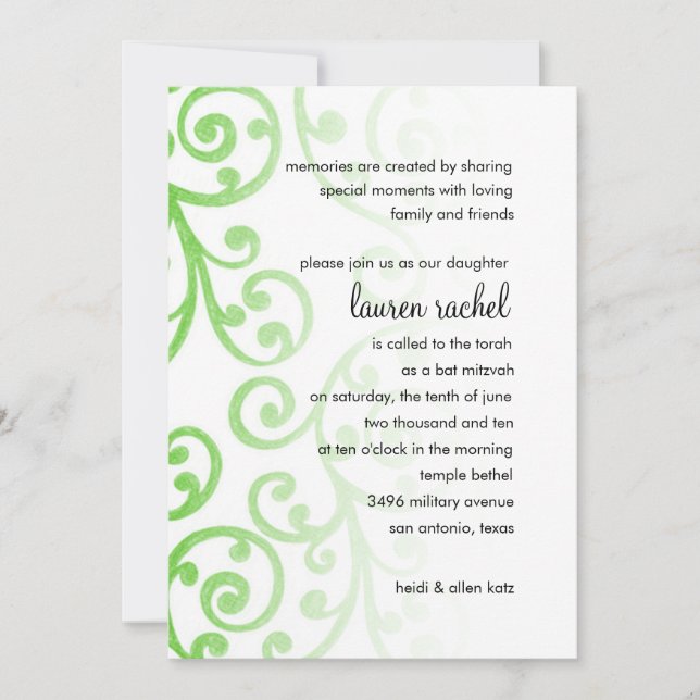 Bat Mitzvah Scroll Pattern Green Invitation (Front)