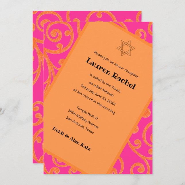 Bat Mitzvah Scroll Pattern Orange Invitation (Front/Back)