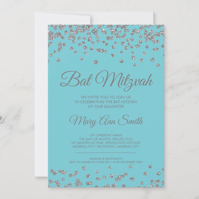 Bat Mitzvah Silver Glitter Confetti Robin Egg Blue Invitation (Front)