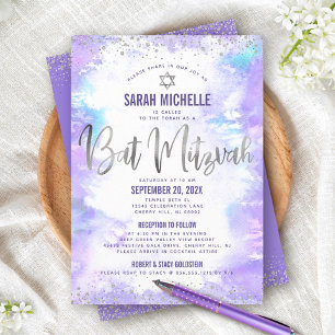 Bat Mitzvah Silver Purple Watercolor Girly 2 Venue Invitation