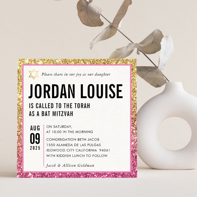 BAT MITZVAH simple modern chic pink gold glitter Invitation (Creator Uploaded)