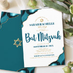 Bat Mitzvah Simple Modern Turquoise Agate Script<br><div class="desc">Be proud, rejoice and showcase this milestone of your favourite Bat Mitzvah! Send out this cool, unique, modern, personalised, Hebrew name invitation for an event to remember. Dark teal blue script typography and faux gold Star of David overlay simple, clean white background with turquoise blue agate accented with faux gold...</div>