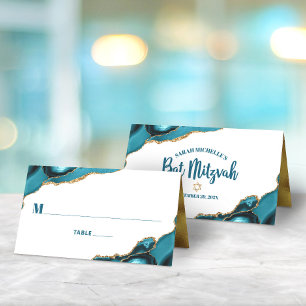Bat Mitzvah Simple Modern Turquoise Gold Agate Place Card