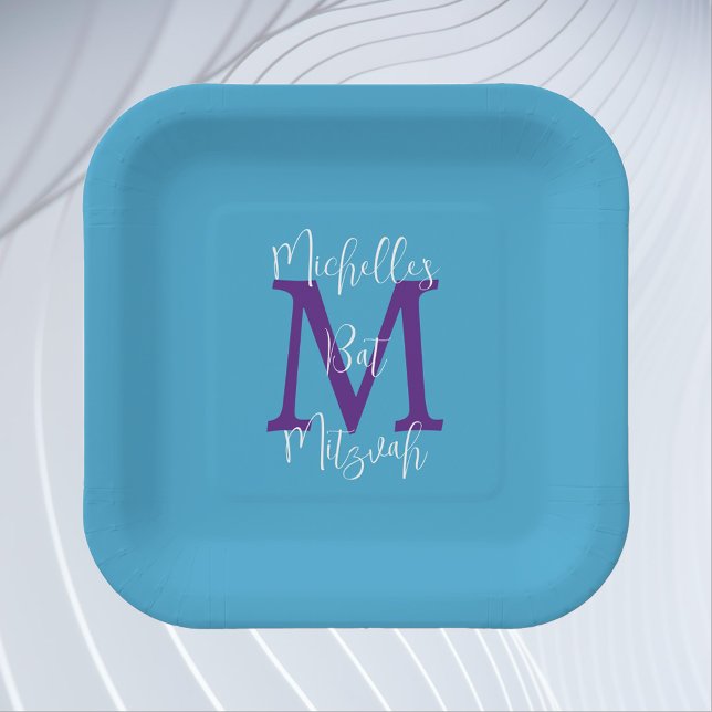 Bat Mitzvah Sky Blue Purple White Name Monogram Paper Plate (Creator Uploaded)