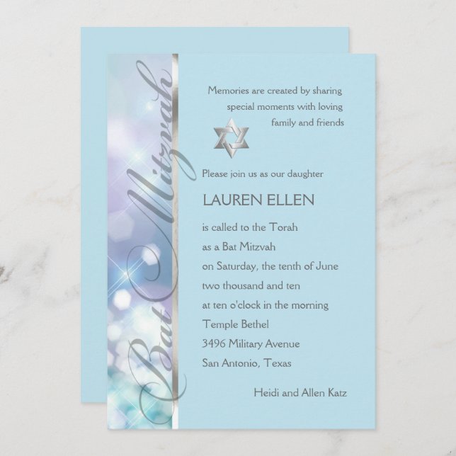 Bat Mitzvah Sparkle Lights Blue and Purple Invitation (Front/Back)