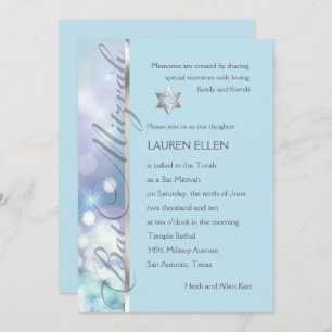 Bat Mitzvah Sparkle Lights Blue and Purple Invitation