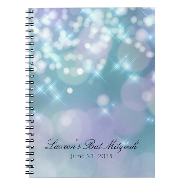 Bat Mitzvah Sparkle Lights Blue and Purple Spiral Notebook (Front)