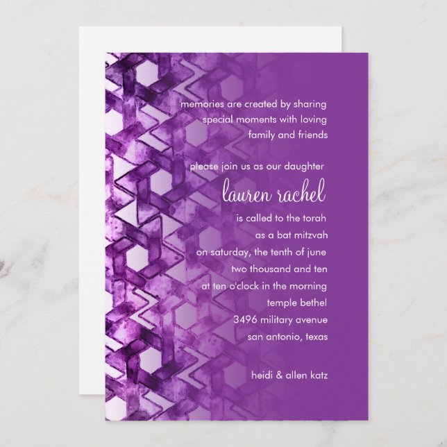 Bat Mitzvah Star of David Damask Invitation (Front/Back)