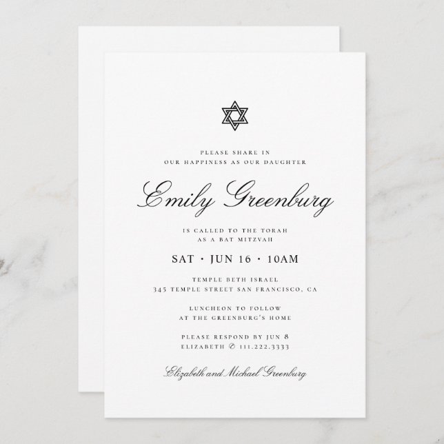 Bat Mitzvah Star of David Minimalist Modern Invitation (Front/Back)