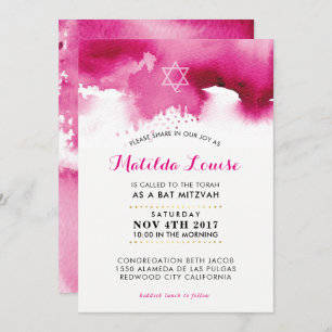 BAT MITZVAH stylish bright pink watercolor invite