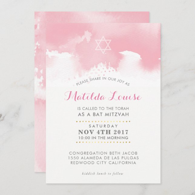 BAT MITZVAH stylish pale pink watercolor invite (Front/Back)