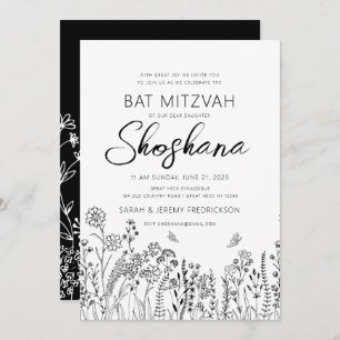 Bat Mitzvah Stylish Script Floral Sketch Invitation