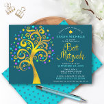 Bat Mitzvah Teal Blue Chic Gold Foil Tree of Life  Invitation<br><div class="desc">Be proud, rejoice and showcase this milestone of your favourite Bat Mitzvah! This graphic faux gold foil tree with sparkly turquoise, teal, purple and blue Star of David and dot “leaves” on a rich, dark teal blue background is the perfect invitation for this special occasion. A tiny, teal blue Star...</div>
