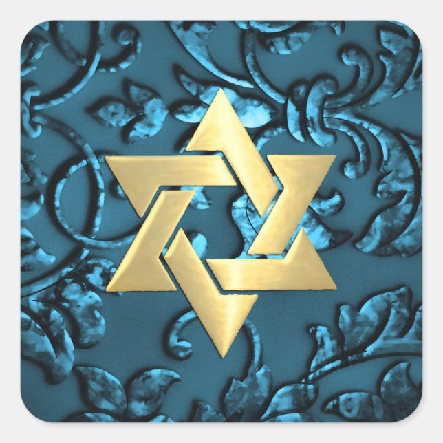 Bat Mitzvah Teal Blue Damask with Gold Square Sticker (Front)