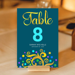 Bat Mitzvah Teal Blue Gold Foil Tree Life Modern Table Number