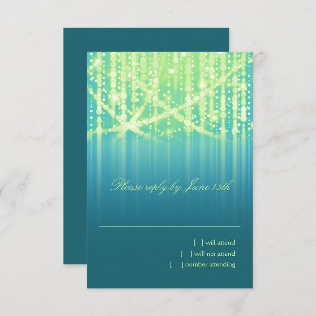Bat Mitzvah Teal Blue Lime Green Sparkly Lights RSVP Card (Front/Back)