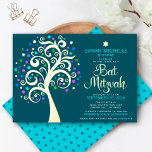 Bat Mitzvah Teal Tree of Life Script Real Gold<br><div class="desc">Be proud, rejoice and showcase this milestone of your favorite Bat Mitzvah! This graphic real gold foil tree with sparkly turquoise, teal, purple and blue Star of David and dot “leaves” on a rich dark teal blue background is the perfect invitation for this special occasion. A tiny, teal blue Star...</div>