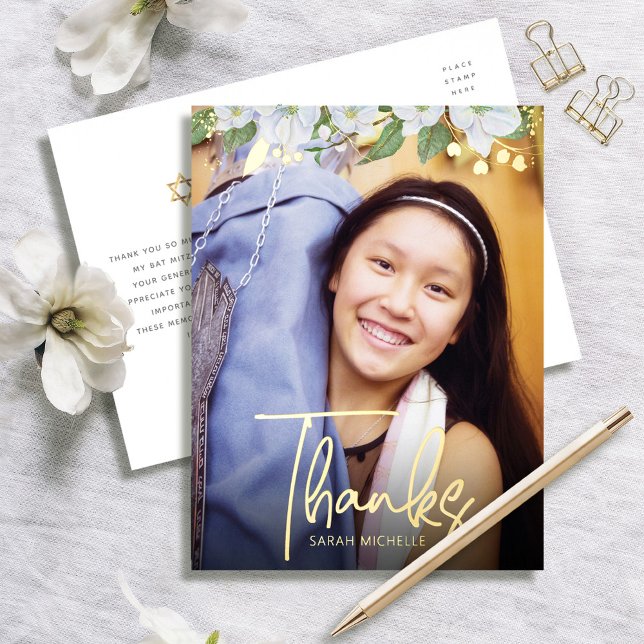 Bat Mitzvah Thank You Photo Floral Bold Real Gold  Foil Invitation Postcard (Creator Uploaded)