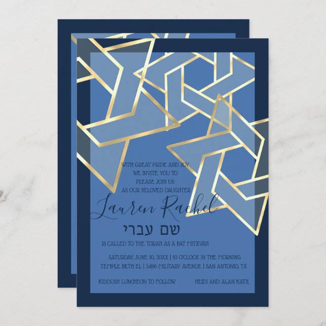 Bat Mitzvah Transparent Gold Star of David Invitation (Front/Back)