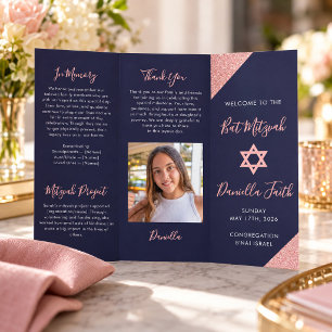 Bat Mitzvah Tri-Fold Program Navy Rose Gold  Flyer