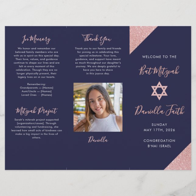 Bat Mitzvah Tri-Fold Program Navy Rose Gold  Flyer (Front)