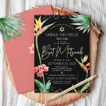 Bat Mitzvah Tropical Black Gold Floral Watercolor Invitation<br><div class="desc">Be proud, rejoice and showcase this milestone of your favourite Bat Mitzvah with this sophisticated, personalised invitation! Stylish, stunning, colourful, tropical watercolor birds of paradise flowers, faux gold handwritten script, Star of David and glitter dots, along with modern sans serif type, overlay a dramatic, black background. Additional watercolor palm leaves...</div>