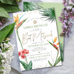 Bat Mitzvah Tropical Floral Watercolor Gold Script<br><div class="desc">Be proud, rejoice and showcase this milestone of your favourite Bat Mitzvah with this sophisticated, personalised invitation! Stylish, stunning, colourful, tropical watercolor birds of paradise flowers, faux gold handwritten script, Star of David and glitter dots, along with green and grey modern sans serif type, overlay a white background. Additional watercolor...</div>