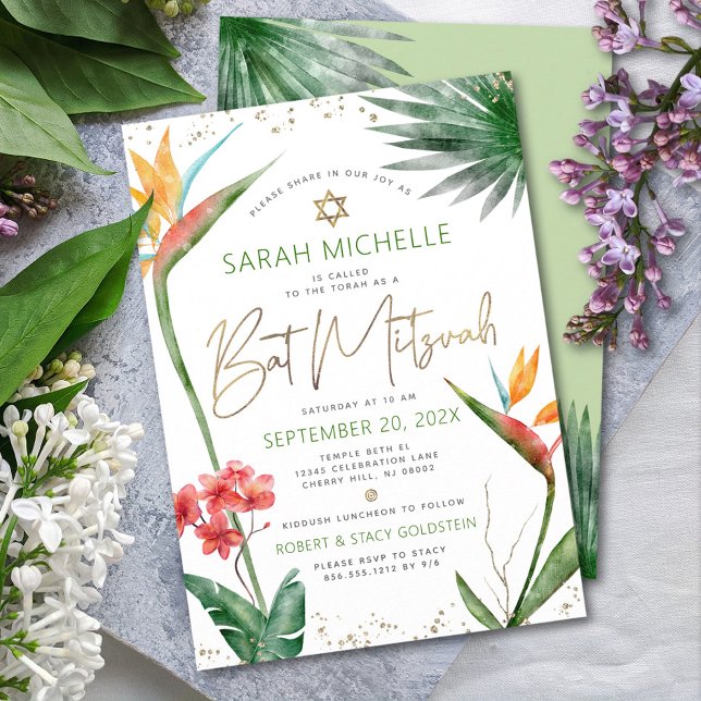 Bat Mitzvah Tropical Floral Watercolor Gold Script Invitation (Creator Uploaded)