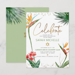 Bat Mitzvah Tropical Gold Script Floral Watercolor Enclosure Card