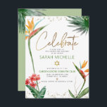 Bat Mitzvah Tropical Gold Script Floral Watercolor Enclosure Card<br><div class="desc">Be proud, rejoice and showcase this milestone of your favourite Bat Mitzvah! Include this modern, sparkly, personalised insert for additional information to your event. Stylish, stunning, colourful, tropical watercolor birds of paradise flowers, faux gold handwritten script, Star of David and glitter dots, along with green and grey modern sans serif...</div>