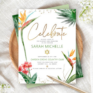 Bat Mitzvah Tropical Gold Script Floral Watercolor Enclosure Card
